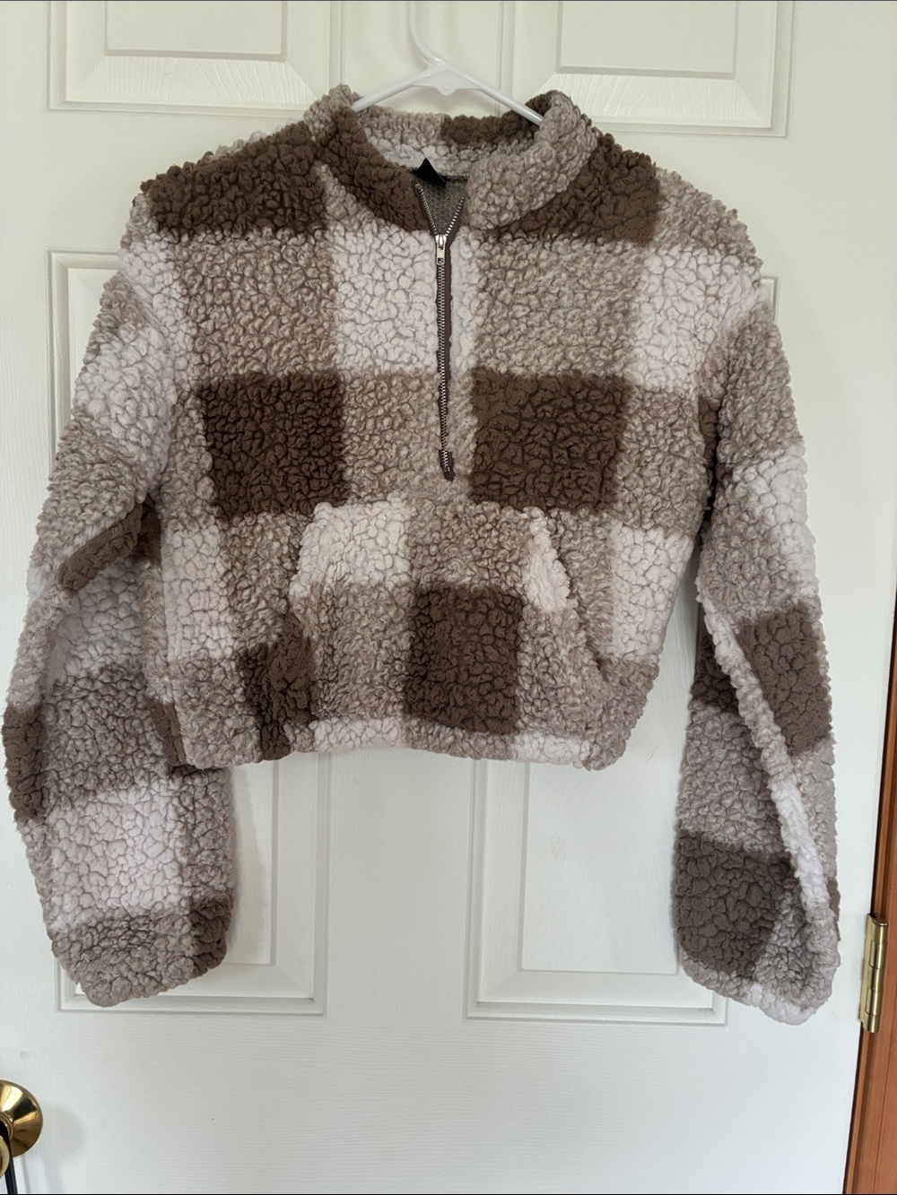 SHEIN Plaid Sherpa Fleece Cropped Pullover Sweater Half Zip Size XS